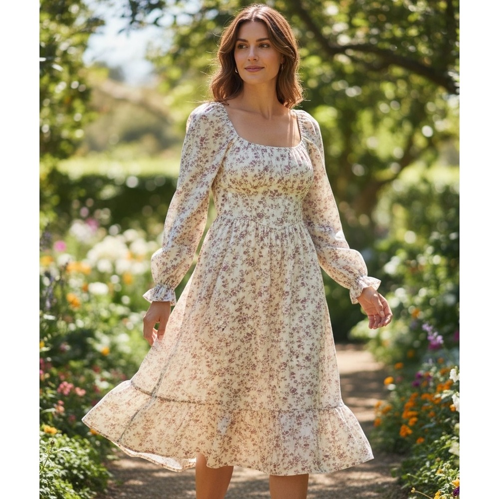 Celebrity Pink Floral Corset Waist Midi Dress Cream Pink Cottagecore Large
